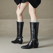 Women’s Genuine Leather Pointed-Toe Mid-Calf Boots with Buckle Y2760 Boots Y2760