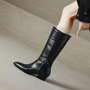 Women’s Genuine Leather Pointed-Toe Mid-Calf Boots with Buckle Y2760 Boots Y2760
