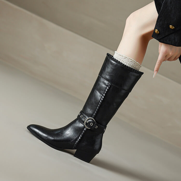Women’s Genuine Leather Pointed-Toe Mid-Calf Boots with Buckle Y2760 Boots Y2760