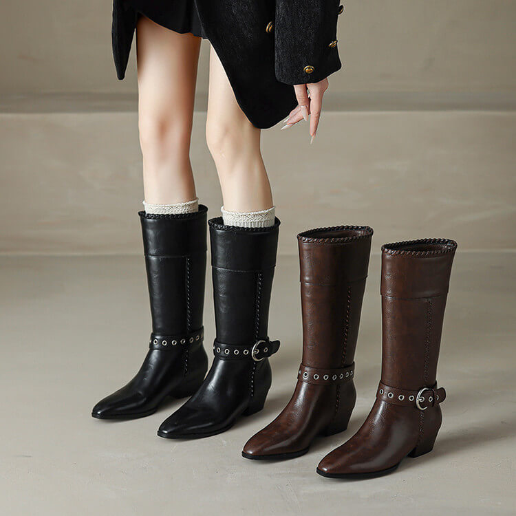 Women’s Genuine Leather Pointed-Toe Mid-Calf Boots with Buckle Y2760 Boots Y2760