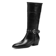 Women’s Genuine Leather Pointed-Toe Mid-Calf Boots with Buckle Y2760 Boots Y2760 Black US5/EU34