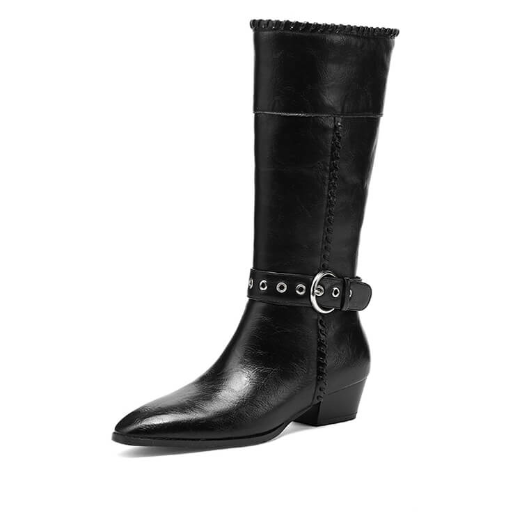 Women’s Genuine Leather Pointed-Toe Mid-Calf Boots with Buckle Y2760 Boots Y2760 Black US5/EU34