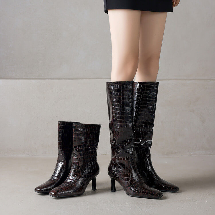 Women’s Square-Toe Stiletto Heel Slip-On Mid-Calf Boots with Stone Texture Y2746 Boots Y2746