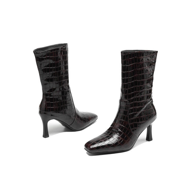 Women’s Square-Toe Stiletto Heel Slip-On Mid-Calf Boots with Stone Texture Y2746 Boots Y2746