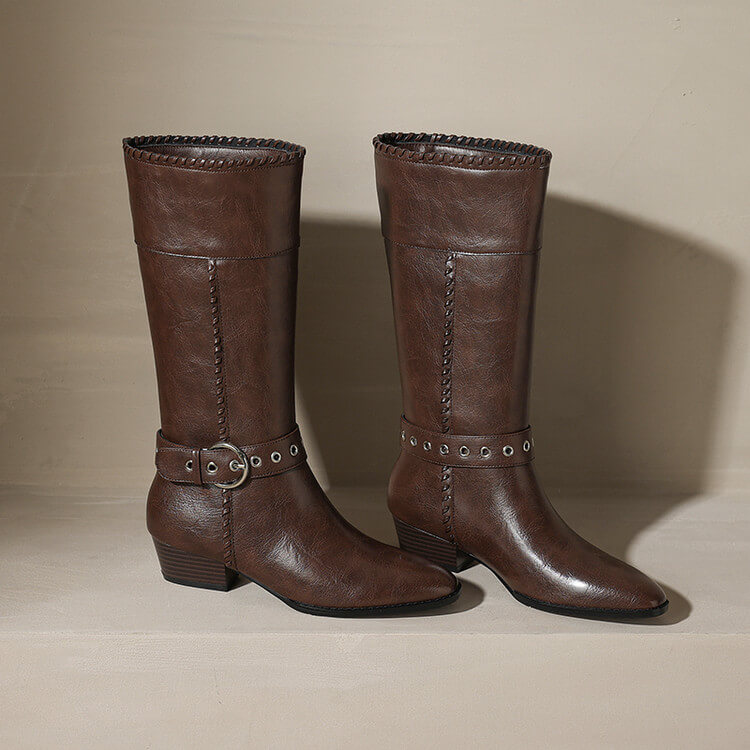 Women’s Genuine Leather Pointed-Toe Mid-Calf Boots with Buckle Y2760 Boots Y2760
