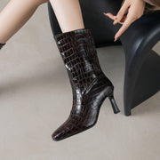 Women’s Square-Toe Stiletto Heel Slip-On Mid-Calf Boots with Stone Texture Y2746 Boots Y2746