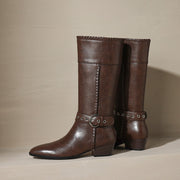 Women’s Genuine Leather Pointed-Toe Mid-Calf Boots with Buckle Y2760 Boots Y2760