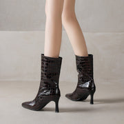Women’s Square-Toe Stiletto Heel Slip-On Mid-Calf Boots with Stone Texture Y2746 Boots Y2746