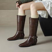 Women’s Genuine Leather Pointed-Toe Mid-Calf Boots with Buckle Y2760 Boots Y2760