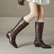 Women’s Genuine Leather Pointed-Toe Mid-Calf Boots with Buckle Y2760 Boots Y2760