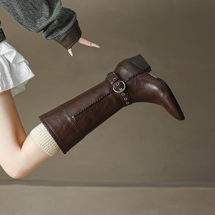 Women’s Genuine Leather Pointed-Toe Mid-Calf Boots with Buckle Y2760 Boots Y2760