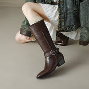 Women’s Genuine Leather Pointed-Toe Mid-Calf Boots with Buckle Y2760 Boots Y2760