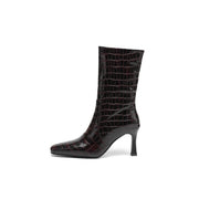 Women’s Square-Toe Stiletto Heel Slip-On Mid-Calf Boots with Stone Texture Y2746 Boots Y2746