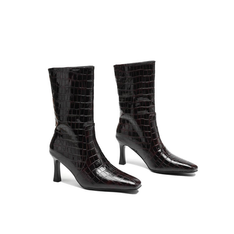 Women’s Square-Toe Stiletto Heel Slip-On Mid-Calf Boots with Stone Texture Y2746 Boots Y2746