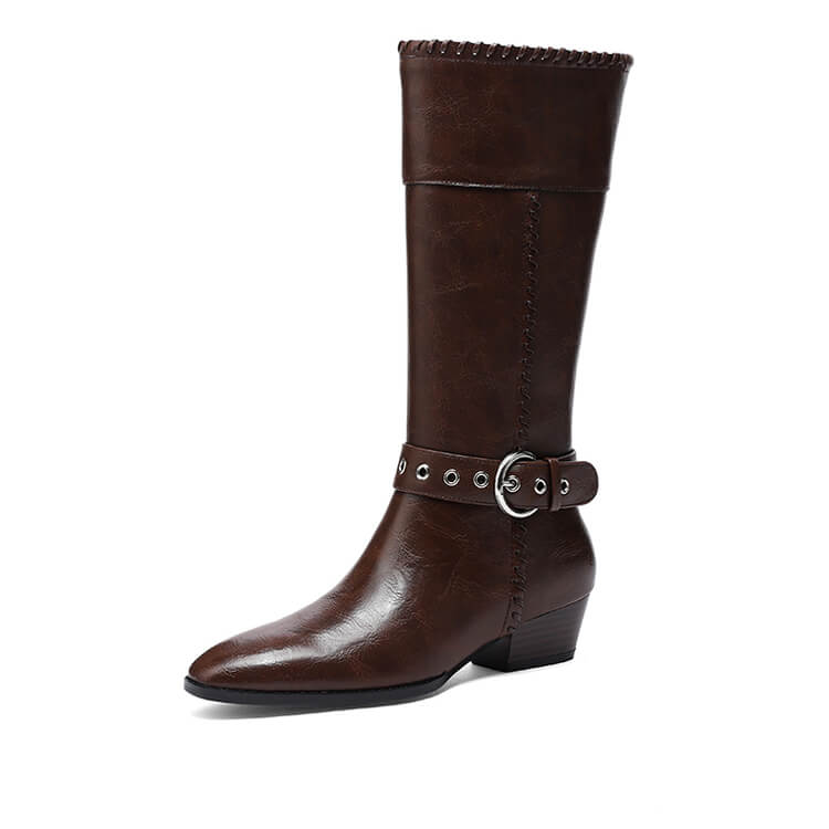 Women’s Genuine Leather Pointed-Toe Mid-Calf Boots with Buckle Y2760 Boots Y2760 Brown US5/EU34