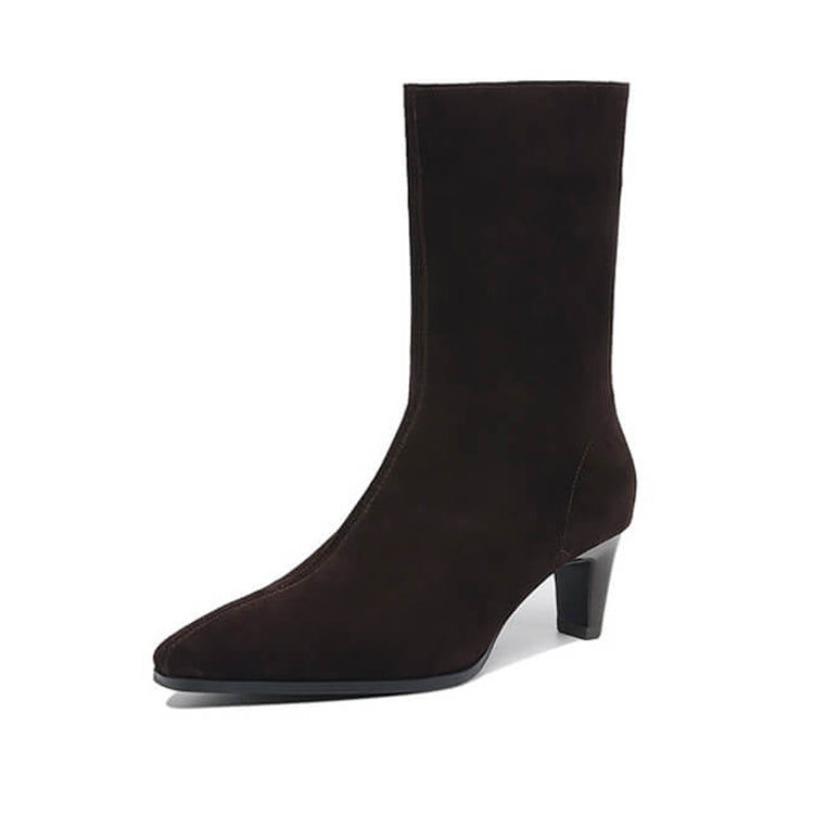Square Toe Suede Mid-calf Boots with Low Heels Y2747 Boots Y2747 DarkBrown Leather lining US5/EU34