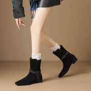 Women’s Suede Square Toe Low Heel Ankle Boots with Braided Strap Y2769 Boots Y2769