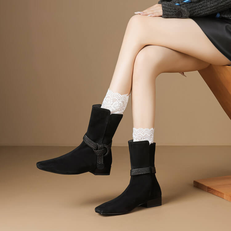 Women’s Suede Square Toe Low Heel Ankle Boots with Braided Strap Y2769 Boots Y2769
