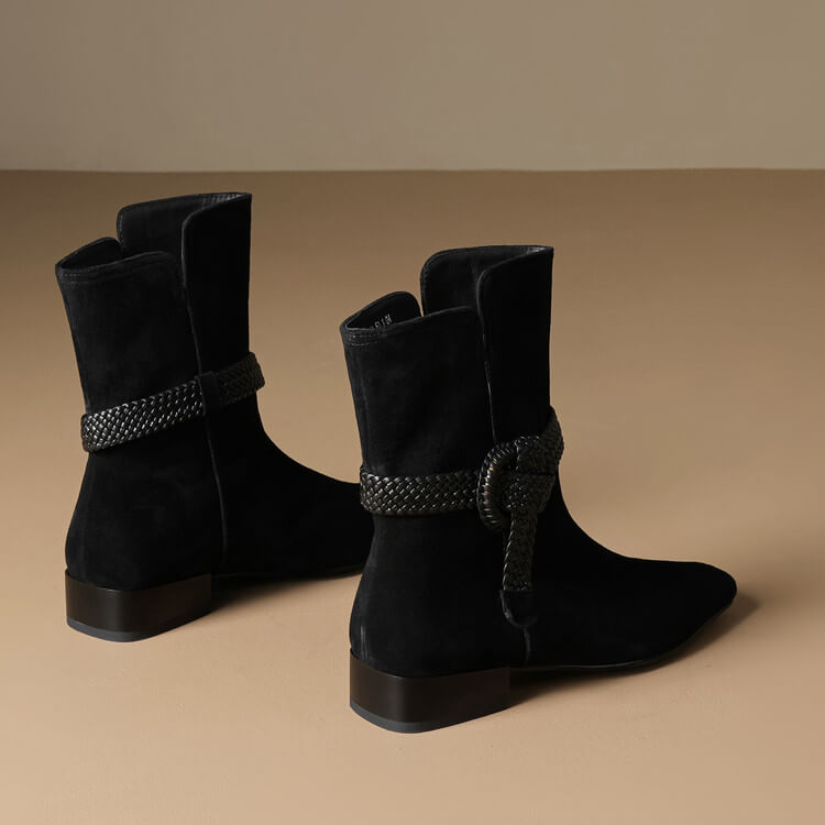 Women’s Suede Square Toe Low Heel Ankle Boots with Braided Strap Y2769 Boots Y2769