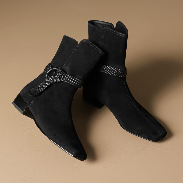 Women’s Suede Square Toe Low Heel Ankle Boots with Braided Strap Y2769 Boots Y2769