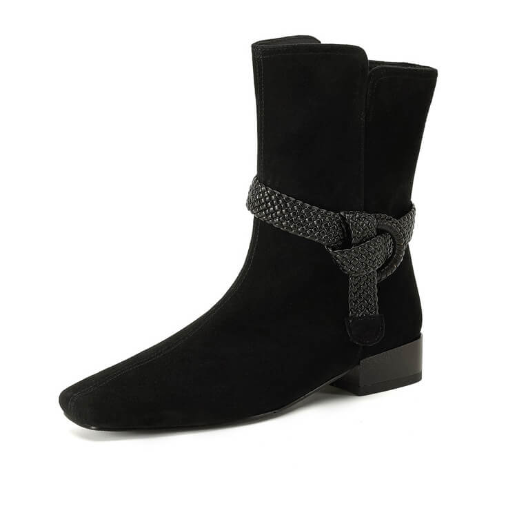 Women’s Suede Square Toe Low Heel Ankle Boots with Braided Strap Y2769 Boots Y2769 Black US5/EU34