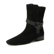 Women’s Suede Square Toe Low Heel Ankle Boots with Braided Strap Y2769 Boots Y2769 Black US5/EU34