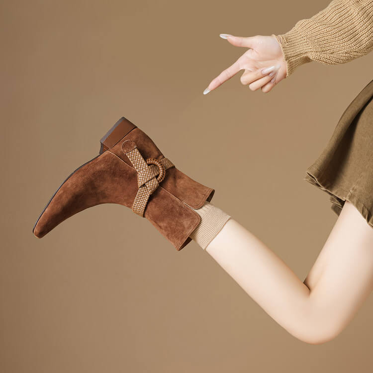 Women’s Suede Square Toe Low Heel Ankle Boots with Braided Strap Y2769 Boots Y2769