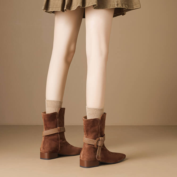 Women’s Suede Square Toe Low Heel Ankle Boots with Braided Strap Y2769 Boots Y2769
