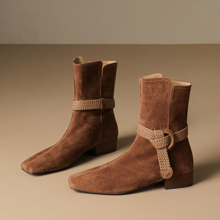 Women’s Suede Square Toe Low Heel Ankle Boots with Braided Strap Y2769 Boots Y2769