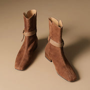 Women’s Suede Square Toe Low Heel Ankle Boots with Braided Strap Y2769 Boots Y2769