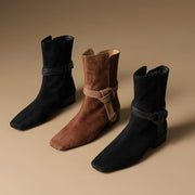 Women’s Suede Square Toe Low Heel Ankle Boots with Braided Strap Y2769 Boots Y2769