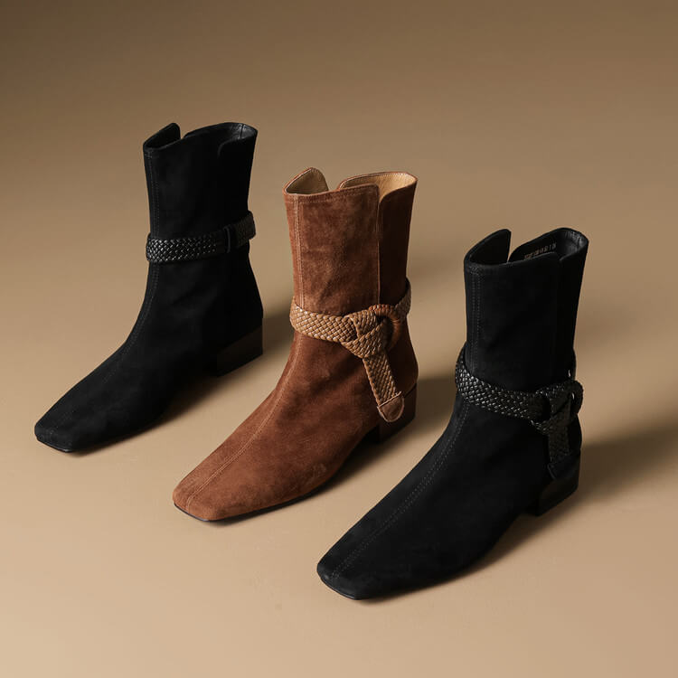 Women’s Suede Square Toe Low Heel Ankle Boots with Braided Strap Y2769 Boots Y2769