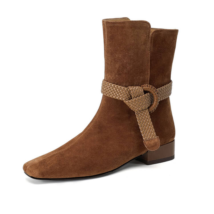 Women’s Suede Square Toe Low Heel Ankle Boots with Braided Strap Y2769 Boots Y2769 Brown US5/EU34