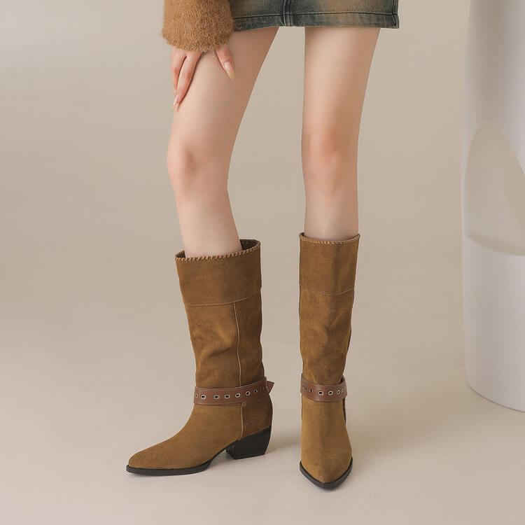 Handmade Suede Mid-Calf Boots with Buckle Strap and Block Heel Y2749 Boots Y2749