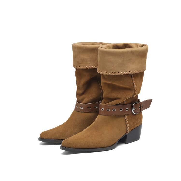 Handmade Suede Mid-Calf Boots with Buckle Strap and Block Heel Y2749 Boots Y2749
