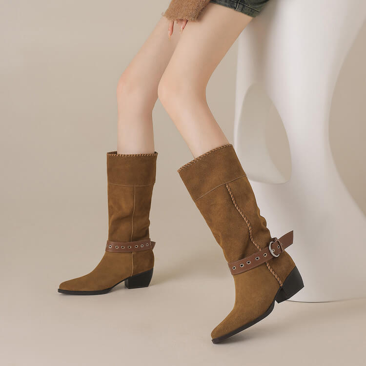 Handmade Suede Mid-Calf Boots with Buckle Strap and Block Heel Y2749 Boots Y2749