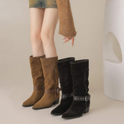 Handmade Suede Mid-Calf Boots with Buckle Strap and Block Heel Y2749 Boots Y2749