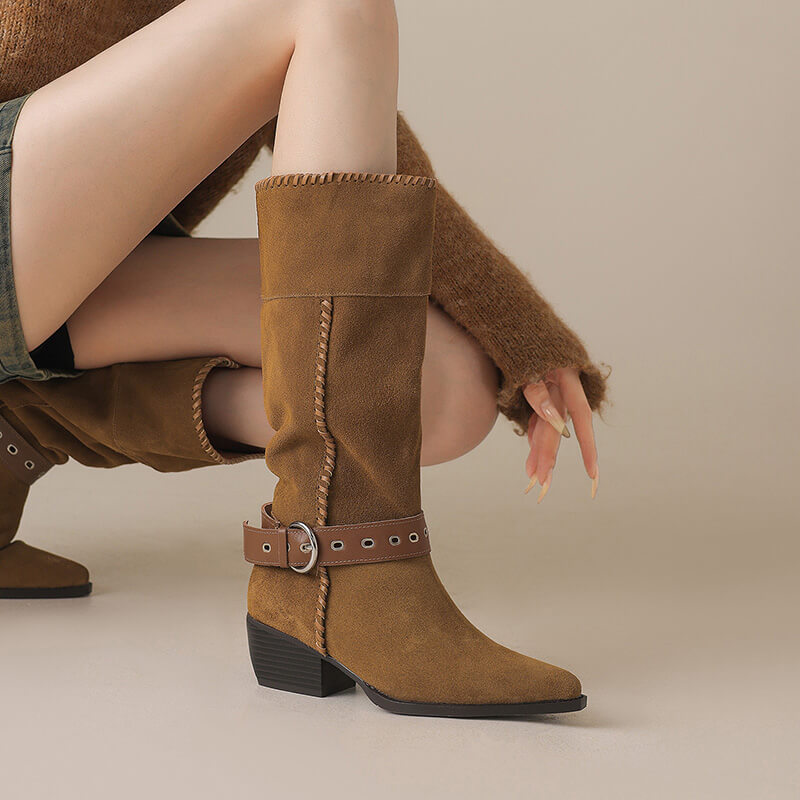 Handmade Suede Mid-Calf Boots with Buckle Strap and Block Heel Y2749 Boots Y2749