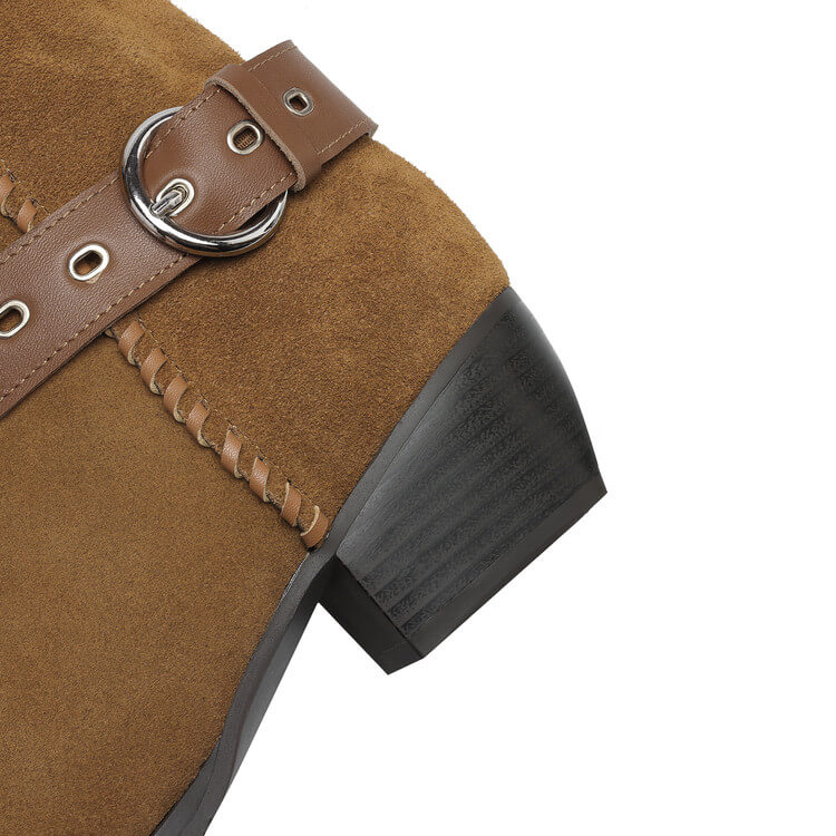 Handmade Suede Mid-Calf Boots with Buckle Strap and Block Heel Y2749 Boots Y2749