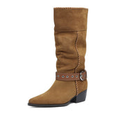 Handmade Suede Mid-Calf Boots with Buckle Strap and Block Heel Y2749 Boots Y2749 Camel US5/EU34