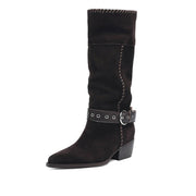 Handmade Suede Mid-Calf Boots with Buckle Strap and Block Heel Y2749 Boots Y2749 Coffee US5/EU34