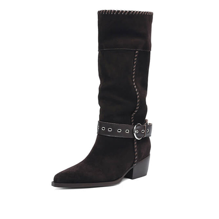 Handmade Suede Mid-Calf Boots with Buckle Strap and Block Heel Y2749 Boots Y2749 Coffee US5/EU34