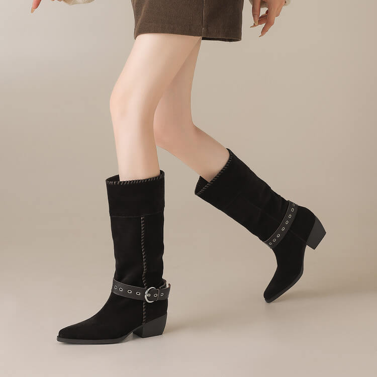 Handmade Suede Mid-Calf Boots with Buckle Strap and Block Heel Y2749 Boots Y2749