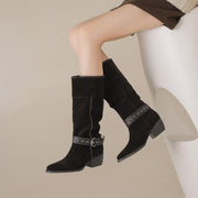 Handmade Suede Mid-Calf Boots with Buckle Strap and Block Heel Y2749 Boots Y2749