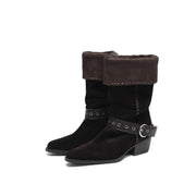 Handmade Suede Mid-Calf Boots with Buckle Strap and Block Heel Y2749 Boots Y2749