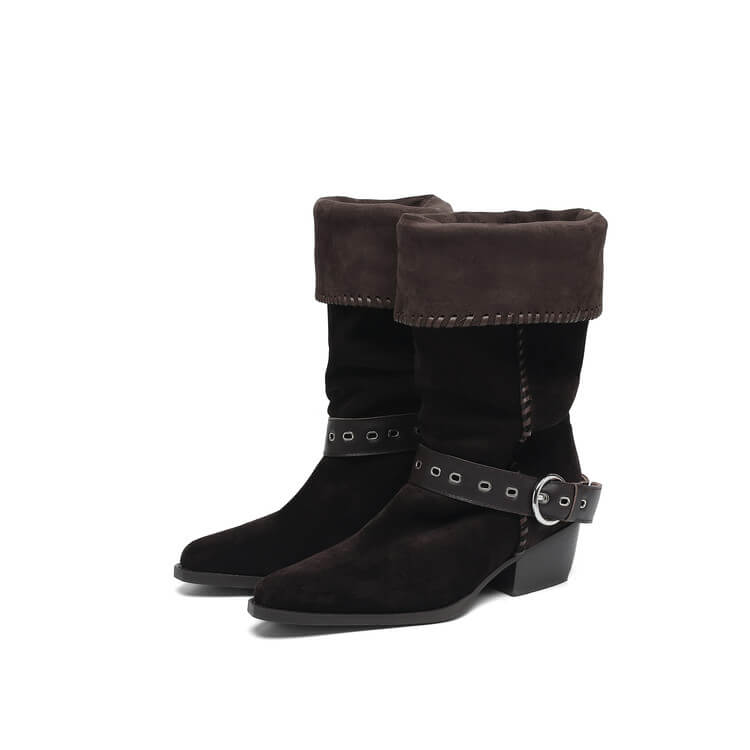 Handmade Suede Mid-Calf Boots with Buckle Strap and Block Heel Y2749 Boots Y2749