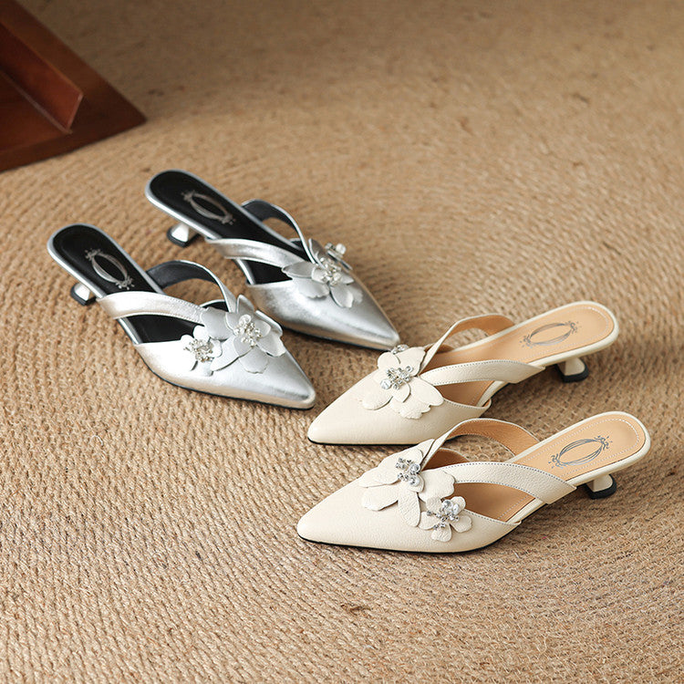 Floral Embellished Leather Kitten Heel Mules Y2784