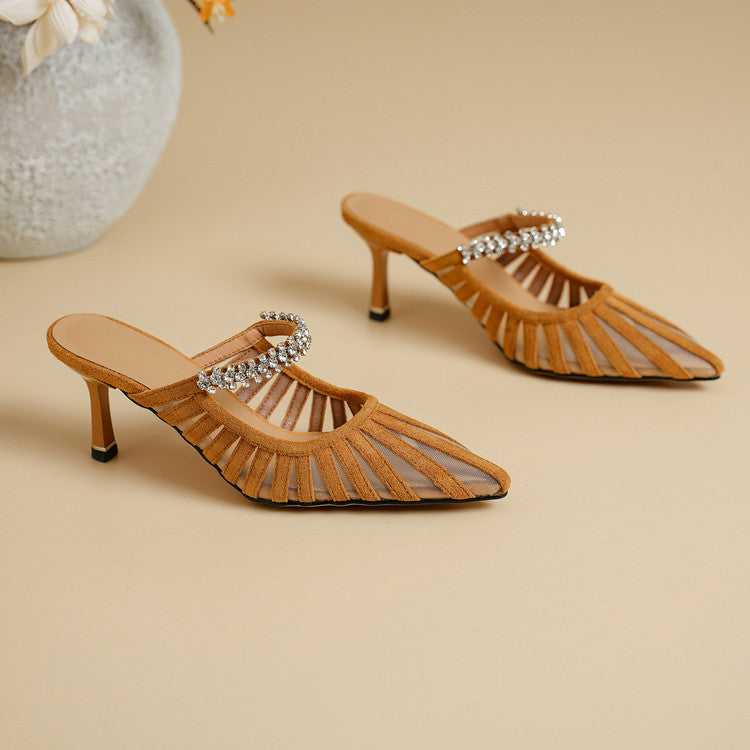Women's Pointed Toe Mesh Mules with Kitten Heel Y2901