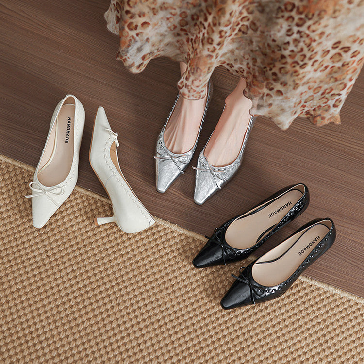 Leather Kitten Heel Pumps with Bow Detail Y2889