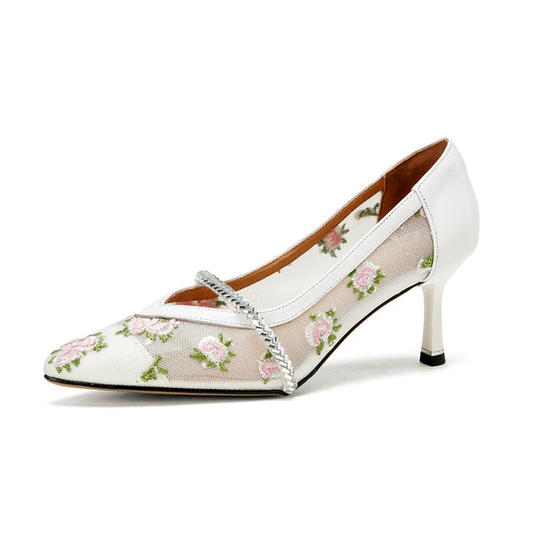 Floral Embroidered Mesh Kitten Heel Pumps Y2894
